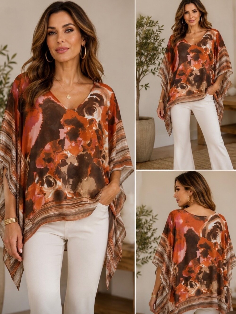 Chico’s L/XL Flowy Abstract Print Poncho Top – Warm Tones